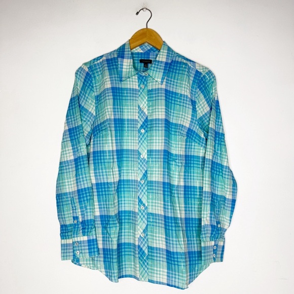 Talbots COTTON BUTTON FRONT SHIRT PLAID METALLIC Size Medium NWT - Picture 2 of 7